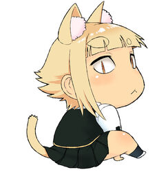  :&lt; animal_ears blonde_hair cat_ears cat_tail chibi commentary_request female kuraishi_tanpopo painttool_sai_(medium) short_hair simple_background sitting skirt slit_pupils solo tail tsukudani_(coke-buta) white_background witch_craft_works yellow_eyes 