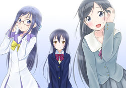  3girls aragaki_ayase black_hair blazer blue_background blue_eyes blue_hair blue_sailor_collar braid brown_eyes color_connection commentary_request crossover dokidoki!_precure dress glasses gradient_background grey_eyes hair_color_connection happy hishikawa_rikka jacket long_hair look-alike looking_at_viewer love_live! love_live!_school_idol_project multiple_girls oogai_daiichi_middle_school_uniform open_mouth orange_eyes ore_no_imouto_ga_konna_ni_kawaii_wake_ga_nai otonokizaka_school_uniform precure ribbon roaru_(gyuren) sailor_collar sailor_dress school_uniform serafuku shirt single_braid skirt smile sonoda_umi white_background 