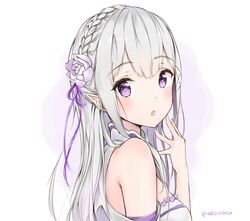  :o adore_(adoredesu) bare_shoulders blush braid commentary_request crown_braid dress elf emilia_(re:zero) eyebrows female flower from_side hair_between_eyes hair_flower hair_ornament hair_ribbon hand_on_own_chin highres long_hair looking_at_viewer pointy_ears purple_eyes re:zero_kara_hajimeru_isekai_seikatsu ribbon rose simple_background solo tareme upper_body white_background white_dress white_hair x_hair_ornament 