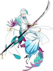  1boy boots cross-laced_footwear feathers full_body hakama hakama_skirt high_heel_boots high_heels japanese_clothes kinako_(marubotan) lace-up_boots male_focus monocle naginata official_art polearm red_eyes skirt tassel tomoegata_naginata touken_ranbu transparent_background weapon white_hair 