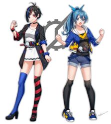  2girls :o absurdres antenna_hair asymmetrical_legwear bad_id bad_pixiv_id bandaid bandaid_on_face bandaid_on_nose black_choker black_coat black_footwear black_hair black_legwear black_shirt blue_eyes blue_hair blue_jacket blue_legwear blue_scrunchie blue_shorts build_driver choker clenched_hands closed_mouth coat collarbone commentary_request dress full_body hair_ornament hand_up hands_up head_tilt heterochromia high_heels highres holding hood hood_down hooded_jacket jacket kamen_rider kamen_rider_build kamen_rider_build_(series) kamen_rider_cross-z long_hair looking_at_viewer mismatched_legwear multicolored_hair multiple_girls oerba_yun_fang open_clothes open_coat open_jacket open_mouth personification polka_dot ponytail red_eyes red_hair red_legwear rider-tan sakura_chiyo_(konachi000) scrunchie shirt shoes short_hair shorts signature sleeves_rolled_up smile sneakers standing streaked_hair striped_clothes striped_thighhighs thighhighs thighs white_background white_dress wing_collar wrist_scrunchie wristband 