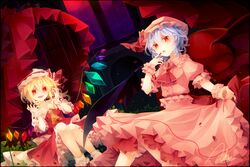  2girls ascot ashisu_(shisono) bat_wings blonde_hair blue_hair commentary_request crystal dutch_angle fangs flandre_scarlet hat hat_ribbon looking_at_viewer mob_cap multiple_girls nail_polish open_mouth petals puffy_sleeves red_eyes remilia_scarlet ribbon sash shirt short_hair short_sleeves siblings side_ponytail signature sisters skirt skirt_hold skirt_set smile socks tongue tongue_out touhou vest white_legwear wings wrist_cuffs 