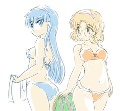  2girls ass bikini blonde_hair blue_eyes blue_hair blue_hairband commentary_request food fruit glasses green_eyes hairband highres hououji_fuu long_hair magic_knight_rayearth multiple_girls okuri_ookami ryuuzaki_umi short_hair swimsuit watermelon 