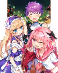  1other 2boys androgynous astolfo_(fate) astolfo_(sailor_paladin)_(fate) blonde_hair blue_eyes blush braid chevalier_d&#039;eon_(fate) chevalier_d&#039;eon_(maid_knight)_(fate) closed_eyes commentary_request crossdressing fate/apocrypha fate/grand_order fate_(series) fergus_mac_roich_(fate) fergus_mac_roich_(young)_(fate) hair_ribbon highres long_hair looking_at_viewer maid maid_headdress male_focus multiple_boys nekoyashiki_pushio oerba_yun_fang official_alternate_costume one_eye_closed open_mouth otoko_no_ko pink_hair purple_eyes purple_hair ribbon short_hair single_braid sleeveless smile 