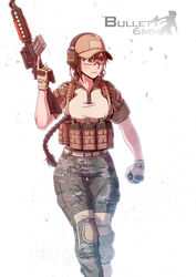  absurdres airsoft ar-15 assault_rifle baseball_cap boots braid camouflage camouflage_pants clenched_hand combat_shirt commentary_request crye_cut_pants english_text female glasses gloves gun hat headphones headphones_over_headwear highres knee_pads load_bearing_vest m4_carbine magazine_(weapon) military military_uniform original pants photoshop_(medium) ranger_(mll0101) red_eyes rifle safety_glasses single_braid sleeves_rolled_up solo trigger_discipline uniform weapon woodland_camouflage 