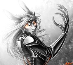  2015 abstract_background android angry anthro armor avalenna claws clothing conditional_dnp digital_media_(artwork) faraden female glowing glowing_eyes hair lagomorph legacy_(ratte) leporid long_ears looking_at_viewer machine mammal orange_eyes pure_faraden rabbit ratte robot simple_background solo white_hair 