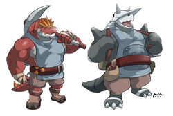  abs aggron anthro bandage belt biceps clothed clothing dinosaur duo extinct footwear fossil_pokemon generation_3_pokemon generation_6_pokemon horn maldu male muscular muscular_anthro muscular_male nintendo open_mouth pecs pickaxe pokemon pokemon_(species) prehistoric_species reptile scalie shoes smile teeth theropod tongue tyrantrum 