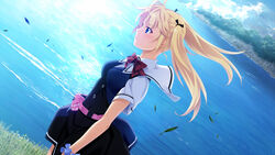  blue_eyes grisaia_(series) grisaia_no_kajitsu grisaia_no_rakuen highres looking_away matsushima_michiru school_uniform sky thighhighs twintails water 