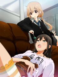  2girls 71_(nanaichi_drafting) animal_collar bike_shorts black_hair blonde_hair blush breasts brown_eyes candy cardigan clothes_writing collar collarbone commentary_request cosplay costume_switch couch drooling food futaba_anzu futaba_anzu_(cosplay) green_eyes idolmaster idolmaster_cinderella_girls lollipop long_hair low_twintails lying medium_breasts multiple_girls necktie on_back open_mouth photoshop_(medium) pleated_skirt saliva school_uniform shibuya_rin shibuya_rin_(cosplay) shirt shoes sitting skirt striped_bike_shorts striped_clothes stuffed_animal stuffed_dog stuffed_toy sweatdrop t-shirt teeth twintails you_work_you_lose 