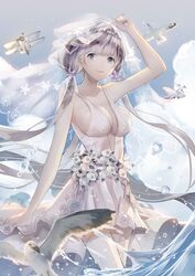  absurdres aircraft airplane arm_behind_back azur_lane bird blue_eyes blue_sky blush breasts bridal_veil bride cleavage cloud collarbone commentary_request cowboy_shot day dress female flight_deck flower garter_straps hair_flower hair_ornament hair_ribbon hand_on_headwear hand_up highres illustrious_(azur_lane) illustrious_(morning_star_of_love_and_hope)_(azur_lane) jewelry large_breasts long_hair looking_at_viewer mole mole_under_eye no_bra ocean official_alternate_costume official_alternate_hairstyle outdoors ribbon seagull sky smile solo sparkle splashing sun tadatsu thighhighs thighs tress_ribbon tri_tails veil water_drop wedding_dress white_dress white_hair white_thighhighs 