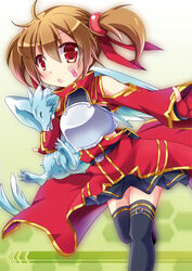  armor bandaid black_thighhighs breastplate brown_hair commentary_request dragon female pina_(sao) red_eyes short_hair silica sword_art_online thighhighs tougo twintails 