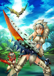  armor barioth_(armor) capcom dragon felyne female hanesaka_rio monster monster_hunter rathalos_(armor) rathian switch_axe weapon white_hair yellow_eyes 