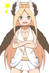  +_+ :d abigail_williams_(fate) absurdres bare_arms bare_shoulders blue_eyes blush breasts brown_wings circe_(fate) circe_(fate)_(cosplay) circlet collarbone commentary_request cosplay cowboy_shot crossed_arms dress fate/grand_order fate_(series) feathered_wings female head_wings highres long_hair looking_at_viewer mitchi navel open_mouth parted_bangs pleated_skirt simple_background skirt sleeveless sleeveless_dress small_breasts smile solo star_(symbol) teeth upper_teeth_only v-shaped_eyebrows very_long_hair white_background white_dress white_skirt white_wings wings 