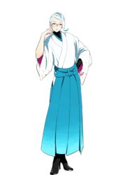  1boy eyeshadow full_body hakama hakama_skirt hand_on_own_hip high_heels japanese_clothes kinako_(marubotan) makeup male_focus monocle official_art red_eyes skirt solo tomoegata_naginata touken_ranbu transparent_background white_hair 