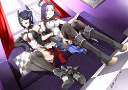  2girls :d alternate_costume bare_shoulders black_hair black_legwear cafe_maid_(love_live!) commentary_request cosplay couch crossover elbow_gloves eyepatch from_below gloves grey_eyes headgear high_heels highres holding idol kabaneneko kantai_collection looking_at_viewer looking_down love_live! love_live!_school_idol_festival love_live!_school_idol_project microphone multiple_girls open_mouth parody photoshop_(medium) pillow plaid plaid_skirt pleated_skirt purple_eyes purple_hair short_hair sitting skirt smile tatsuta_(kancolle) tenryuu_(kancolle) thighhighs zettai_ryouiki 