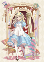  ? alice_(alice_in_wonderland) alice_in_wonderland apron beige_background blonde_hair blood blue_dress blush bow card caterpillar caterpillar_(alice_in_wonderland) chocolate closed_mouth club_(shape) commentary_request crown cupcake diamond_(shape) dress dripping english_text engrish_text eyelashes female flower food frills full_body hairband hakuseki hat hat_ribbon heart highres holding holding_food leaf long_hair looking_at_viewer mushroom open_door pantyhose pink_flower pink_rose playing_card poison_mushroom puffy_short_sleeves puffy_sleeves ranguage ribbon rose short_sleeves solo spade_(shape) standing striped swept_bangs top_hat walking white_apron 