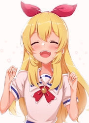  :d ^_^ aikatsu! aikatsu!_(series) bad_id bad_pixiv_id blonde_hair blush brown_background closed_eyes collared_shirt commentary facing_viewer female fingernails hair_between_eyes hair_ribbon hands_up hoshimiya_ichigo long_hair open_mouth puffy_short_sleeves puffy_sleeves red_ribbon ribbon rurukuru school_uniform shirt short_sleeves sidelocks simple_background smile solo star_(symbol) starlight_academy_school_uniform symbol-only_commentary very_long_hair white_shirt 