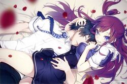  black_hair blue_eyes breasts closed_eyes female grisaia_(series) grisaia_no_kajitsu grisaia_no_rakuen kazami_yuuji legs long_hair pants red_hair suou_amane 