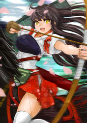  akagi_(kancolle) archery blush bow_(weapon) brown_eyes brown_hair cherry_blossoms commentary_request female flight_deck gloves horse horseback_archery horseback_riding japanese_clothes kantai_collection kyuudou long_hair md5_mismatch muneate open_mouth partially_fingerless_gloves petals quiver riding side_ponytail single_glove skirt smile solo thighhighs weapon white_thighhighs yamasan_(hachiman) yugake 