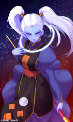  absurdres blue_lips blue_skin colored_skin commentary_request cowboy_shot cross_uook dragon_ball dragon_ball_super female hair_between_eyes hair_tie hand_on_own_chest highres holding holding_staff lipstick long_hair long_sleeves looking_at_viewer makeup marcarita night night_sky open_mouth photoshop_(medium) puffy_long_sleeves puffy_sleeves purple_eyes sash sky solo staff star_(sky) starry_sky tabard turtleneck twintails twitter_username watermark white_hair 