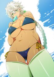  alternate_costume arm_behind_back asymmetrical_hair bare_shoulders bikini blue_bikini braid breasts cloud cloudy_sky commentary_request cowboy_shot day eating female food from_below grey_hair jitome kantai_collection large_breasts long_hair looking_at_viewer micro_bikini perepere-kun popsicle side-tie_bikini_bottom single_braid sky solo swimsuit tan thick_thighs thigh_gap thighhighs thighs underboob unryuu_(kancolle) very_long_hair yellow_eyes 