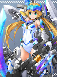  aqua_eyes arm_behind_head bare_shoulders blonde_hair breasts commentary covered_navel elbow_gloves female frame_arms_girl gloves grey_background hair_between_eyes headgear highres holding holding_weapon hresvelgr_ater long_hair looking_at_viewer mecha_musume medium_breasts one-piece_swimsuit photoshop_(medium) school_swimsuit scythe smile solo swimsuit twintails weapon white_gloves white_one-piece_swimsuit zb_(dawn-blue) 