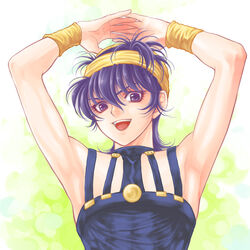  1boy arms_up baitu commentary_request hairband jojo_no_kimyou_na_bouken male_focus narancia_ghirga open_mouth photoshop_(medium) purple_eyes purple_hair smile solo upper_body wristband 