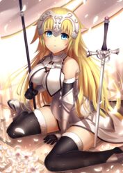  arm_support armor armored_dress between_legs black_gloves black_thighhighs blonde_hair blue_eyes blurry blush breasts bu_li chains commentary depth_of_field dress fate/apocrypha fate/grand_order fate_(series) faulds female flag floor flower fur_trim gauntlets gloves glowing hand_between_legs headpiece holding jeanne_d&#039;arc_(fate) jeanne_d&#039;arc_(third_ascension)_(fate) jewelry large_breasts long_hair looking_at_viewer on_floor parted_lips petals planted planted_sword sitting sleeveless solo sword thighhighs wariza weapon white_flower wind 