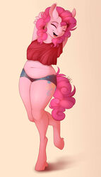  2016 absurd_res anthro anthrofied bottomwear clothed clothing cutie_mark digital_media_(artwork) earth_pony equid equine evehly female friendship_is_magic hair hasbro hi_res horse mammal muffin_top_(bottomwear) muffin_top_(general_use) my_little_pony pink_hair pinkie_pie_(mlp) pony pose shorts slightly_chubby solo thick_thighs 