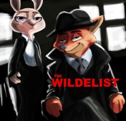  2016 abstract_background anthro canid canine claws crossed_legs cuff_(restraint) digital_media_(artwork) disney duo female fox frown green_eyes handcuffs inside judy_hopps lagomorph leporid looking_at_viewer male mammal metal_cuffs nbc nick_wilde noir parody purple_eyes rabbit red_fox restraints sabrotiger shackles smile text the_black_list true_fox zootopia 