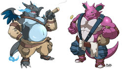  anthro belt better_version_at_source biceps blue_fire bottomwear breath_powers cigar clothed clothing coin colored_fire dragon duo elemental_manipulation fire fire_breathing fire_manipulation generation_1_pokemon generation_6_pokemon horn maldu male mega_charizard mega_charizard_x mega_evolution membrane_(anatomy) membranous_wings money_bag muscular mythological_creature mythological_scalie mythology nidoking nintendo open_mouth pants pecs pokemon pokemon_(species) purple_eyes red_eyes scalie smile smoke smoking teeth tongue topless wings 