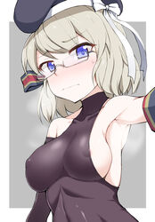  azur_lane beret blue_eyes blush bodysuit border breasts commentary_request covered_nipples detached_sleeves dyne_gallon female glasses grey_hair hat highres looking_at_viewer medium_breasts rectangular_eyewear short_hair sideboob solo sweatdrop wavy_mouth white_border z23_(azur_lane) z23_(philosophy_sensei)_(azur_lane) 