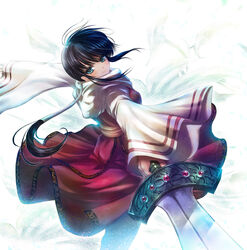  black_hair blue_eyes chinese_clothes closed_mouth commentary_request female floral_background gem headband holding holding_sword holding_weapon kingdom_(series) kyoukai_(kingdom) long_hair long_sleeves looking_at_viewer low_ponytail outstretched_arms photoshop_(medium) ponytail sash scarf sidelocks smile solo spread_arms sword weapon white_background wide_sleeves yukiomi_haku 