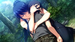  black_hair blue_hair camouflage contrapposto female game_cg grisaia_(series) grisaia_no_rakuen hug kazami_yuuji kusakabe_asako long_hair pants ponytail sad short_hair very_long_hair younger 