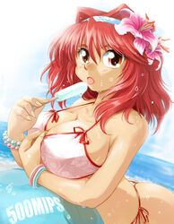  bikini breasts commentary_request female flower food hair_flower hair_intakes hair_ornament huge_breasts lily_(flower) original popsicle ranbu_hararin red_hair solo swimsuit 