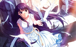  animal bare_arms belt bird brown_eyes dress grisaia_(series) grisaia_no_kajitsu grisaia_no_rakuen highres long_hair open_mouth purple_hair sakaki_yumiko sky solo sunlight 