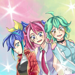  3girls :d bad_id bad_pixiv_id blue_eyes blue_hair bracelet_girls choker chorogy commentary_request earrings green_eyes green_hair hiiragi_yuzu jacket jewelry jumpsuit multicolored_hair multiple_girls necktie open_mouth pink_hair ponytail rin_(yu-gi-oh!) school_uniform serena_(yu-gi-oh!) short_hair short_twintails smile twintails two-tone_hair yellow_eyes yu-gi-oh! yu-gi-oh!_arc-v 