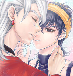  2boys baitu black_hair choker commentary_request earrings eyebrows eyelashes food-themed_earrings hairband jewelry jojo_no_kimyou_na_bouken male_focus multiple_boys narancia_ghirga pannacotta_fugo photoshop_(medium) profile purple_eyes strawberry_earrings vento_aureo white_hair yaoi 