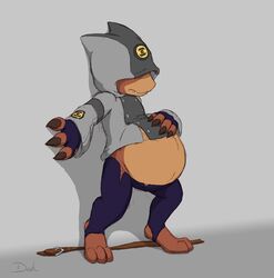  2015 anthro belly big_belly brown_body brown_fur clothed clothing dashraptor female fur gremlin_(spiral_knights) grey_background grey_havens pregnant signature simple_background solo spiral_knights 