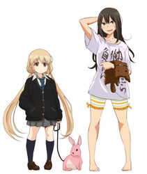  2girls 71_(nanaichi_drafting) animal_collar arm_behind_head barefoot bike_shorts black_hair black_socks blonde_hair blush brown_eyes clothes_writing collar commentary_request cosplay costume_switch full_body futaba_anzu futaba_anzu_(cosplay) green_eyes hand_in_pocket idolmaster idolmaster_cinderella_girls kneehighs leash loafers long_hair looking_at_viewer low_twintails multiple_girls necktie open_mouth photoshop_(medium) pleated_skirt rabbit school_uniform shibuya_rin shibuya_rin_(cosplay) shirt shoes simple_background skirt socks striped_bike_shorts striped_clothes stuffed_animal stuffed_dog stuffed_toy sweatdrop t-shirt twintails white_background you_work_you_lose 