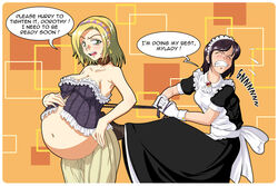  2girls aladdin_pants belly blonde_hair boots breasts cleavage closed_eyes corset dress english gammatelier maid multiple_girls navel pregnant simple_background wince 