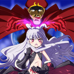  1boy antenna_hair aura bare_shoulders blunt_bangs blush cape chancellor_(eagle_talon) commentary_request crossover eagle_talon facial_hair female fur_trim gauntlets gloves grey_hair hat heart heart-shaped_pupils highres hoshimiya_kate long_hair lowleg lowleg_skirt md5_mismatch midriff military military_uniform moustache no_mask open_mouth peaked_cap red_eyes sekai_seifuku:_bouryaku_no_zvezda skirt star_(symbol) symbol-shaped_pupils tamanegiya teeth uniform venera-sama very_long_hair 