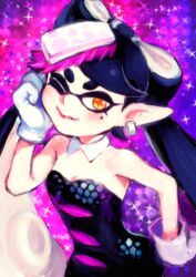  +_+ ;) breasts callie_(splatoon) cleavage commentary_request daichi_midori detached_collar earrings female food food_on_head hair_rings inkling jewelry lips long_hair mole mole_under_eye object_on_head one_eye_closed pointy_ears purple_background small_breasts smile solo sparkle splatoon_(series) splatoon_1 sushi tentacle_hair 