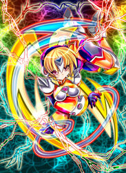  android asyuna bangs blonde_hair breasts electricity eyebrows_visible_through female female full_body helmet holding_whip lightning lightning_bolt medium_breasts oro_s rockman rockman_xover shoulder_spikes solo whip 