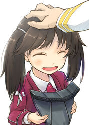  1boy :d ^_^ admiral_(kancolle) bad_id bad_pixiv_id brown_hair closed_eyes commentary_request dress_shirt female hand_on_another&#039;s_head hat headpat kantai_collection long_hair oerba_yun_fang open_mouth ryuujou_(kancolle) shirt simple_background smile tamaki_fuyu twintails unworn_hat unworn_headwear upper_body visor_cap white_background 