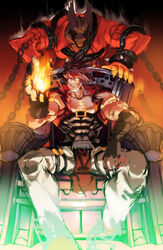  chains dragon_install fingerless_gloves fire gairen gloves guilty_gear guilty_gear_xrd headband helmet manly mask muscle sitting sol_badguy throne vest winged_helmet 