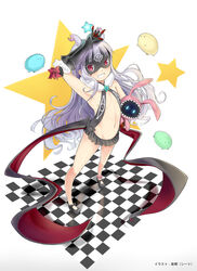  \m/ antenna_hair arm_up armpits checkered_floor commentary female galaktika gauntlets grey_hair grin hoshimiya_kate kurukuru_(sekai_seifuku) long_hair looking_at_viewer mask navel photoshop_(medium) red_eyes sekai_seifuku:_bouryaku_no_zvezda shitou_(1992116210) smile solo star_(symbol) stuffed_animal stuffed_toy venera-sama 