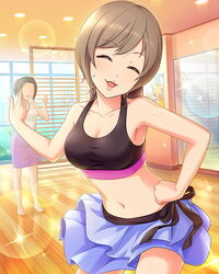  2girls artist_request black_hair blue_skirt brown_hair closed_eyes crop_top dress faceless faceless_female gym_uniform idolmaster idolmaster_cinderella_girls manaka_misato midriff mirror multiple_girls navel official_art poster_(object) short_hair skirt strapless strapless_dress sweat tree 