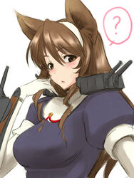  ? animal_ears ashigara_(kancolle) blush breasts brown_eyes brown_hair commentary_request elbow_gloves female gloves gochou_(kedama) hairband kantai_collection large_breasts long_hair looking_at_viewer open_mouth simple_background solo white_background 