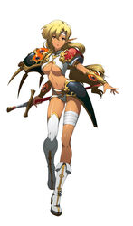  absurdres archived_source armlet bad_link bandages blonde_hair boots bracer breasts dark-skinned_female dark_skin female full_body headband highres holding holding_sword holding_weapon langrisser langrisser_ii langrisser_mobile long_hair looking_at_viewer medium_breasts navel official_art orange_eyes pointy_ears revealing_clothes sheath sheathed simple_background single_thighhigh solo sonia_(langrisser) sword thighhighs underboob weapon white_background 